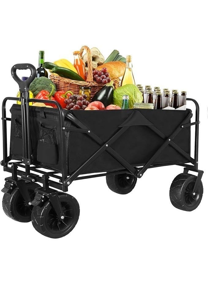 ZAICA Heavy Duty Shopping Trolley Folding Multi-Functional Portable Utility Wagon Beach Trolley with Storage Basket Outdoor Camping Garden Cart with Adjustable Handle (ALL TERRAIN WIDE WHEELS - BLACK) - Image 1